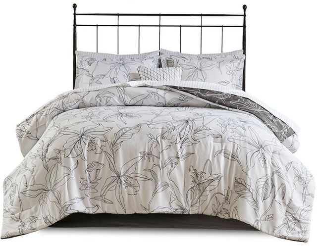 Olliix by Madison Park Essentials White/Charcoal Twin Lilia Reversible Complete Bedding Set with Cotton Sheet-0