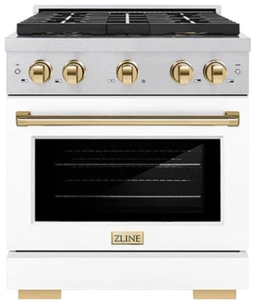 ZLINE Autograph Edition Paramount 30" 4.2 Cu. Ft. Satin Stainless Steel Gas Range with 4 Burner DuoPro™ Cooktop, Convection Gas Oven, White Matte Door and Polished Gold Accents-0