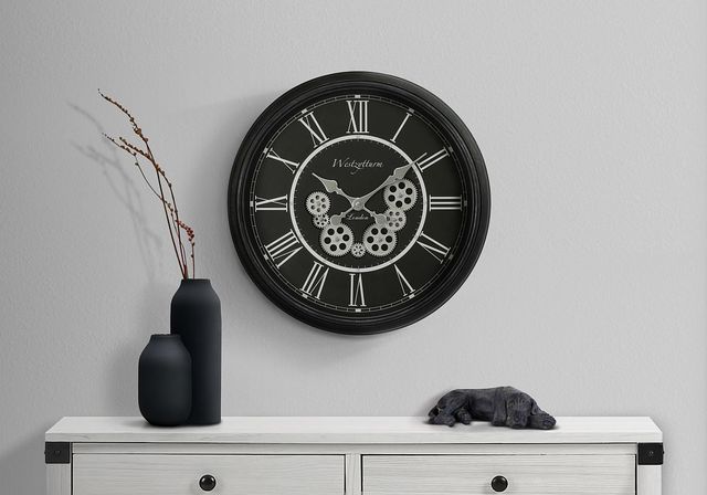 Monarch Specialties Inc. Black 23" Round Wall Clock with Roman Numerals on Black Background and Whit-2