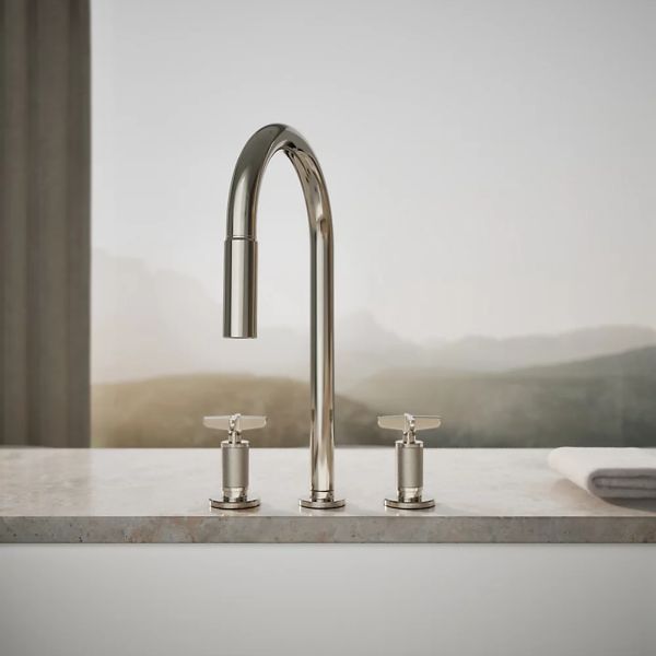 KOHLER® Billet® Vibrant Polished Nickel Kitchen Sink Faucet with 2-Function Sprayhead and Cross Handles-3