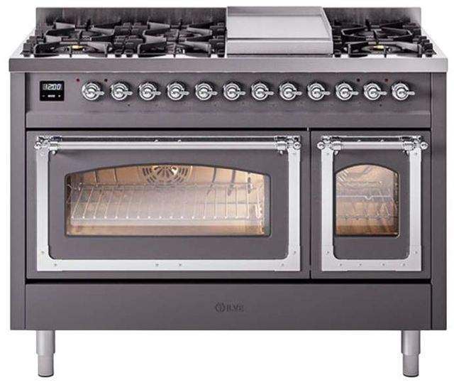 Ilve® Nostalgie II Noblesse 48'' Graphite Matte Pro Style Dual Fuel Range with Copper Trim-0