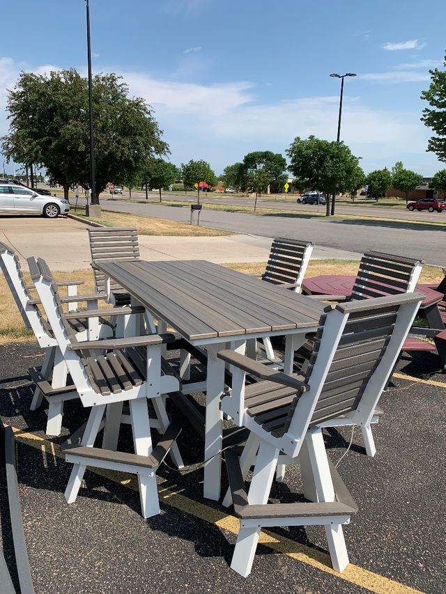 Creekside 7' Rectangle Bar Height Table with 6 Roll Back Swivel Bar Chairs, woodgrain-1