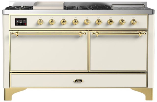Ilve® Majestic III 60" Antique White Pro Style Dual Fuel Natural Gas Range with Griddle and Brass Trim-0