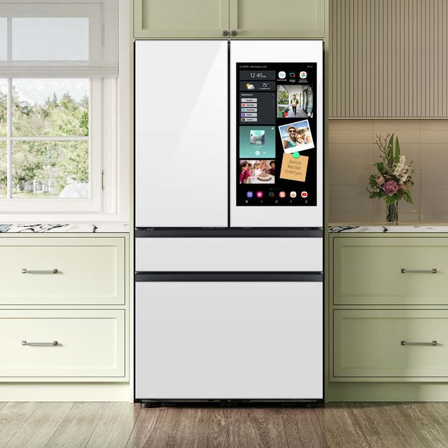 Samsung Bespoke White Glass French Door Refrigerator with AI Family Hub