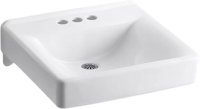 KOHLER® Soho® White Wall-Mount Concealed Arm Carrier Bathroom Sink with 4" Centerset Faucet Holes-0
