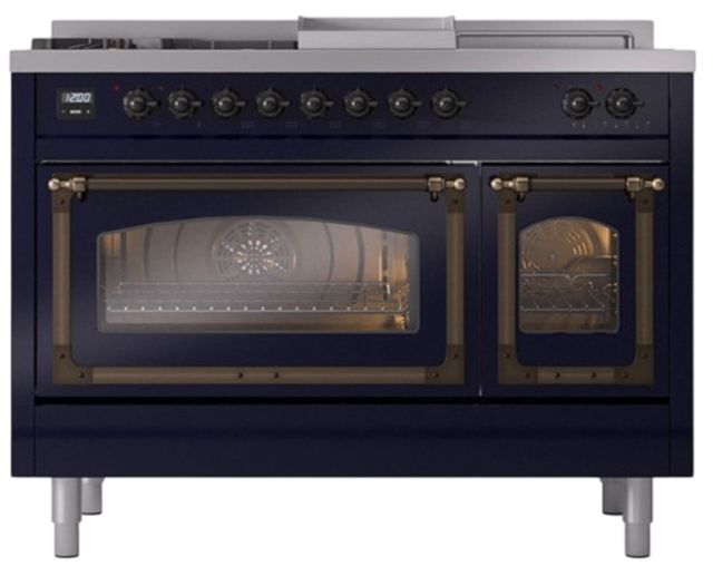 Ilve® Nostalgie II Noblesse 48'' Midnight Blue Pro Style Dual Fuel Range with Burnished Trim-1