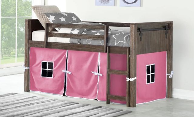Donco Kids Barn Door Pink/Brushed Shadow Youth Twin Low Loft with Tent Kit-1