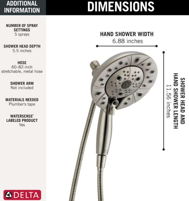 Delta Universal Showering Lumicoat® Stainless 1.75 GPM H2Okinetic® In2ition® 5-Setting Two-in-One Shower-3