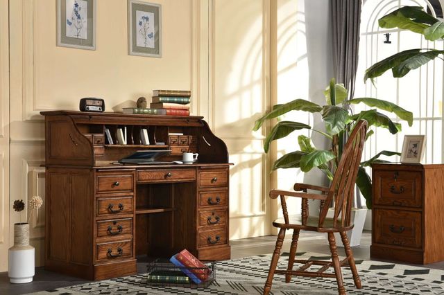 TEI Burnish Walnut Brown 54" Roll Top Secretary Desk-2