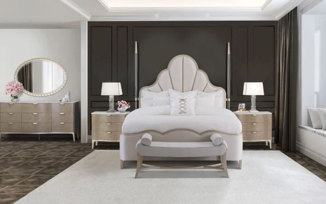 Michael Amini® Malibu Crest Chardonnay/Porcelain California King Upholstered Poster Bed-1