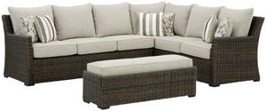 Signature Design by Ashley® Brook Ranch 3-Piece Beige/Brown Outdoor Fabric/Wicker Sofa Sectional and Bench