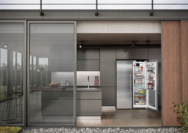 Credit: Liebherr View from outside of a modern kitchen with a Liebherr column refrigerator