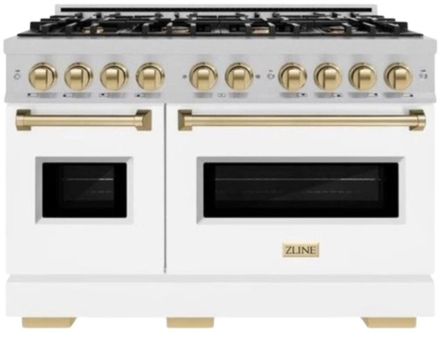ZLINE Classic Autograph Edition 48" Satin Stainless Steel Pro Style Gas Range with White Matte Door and Champagne Bronze Accents-0