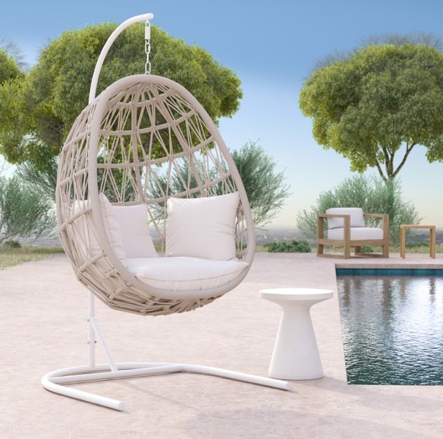 Sunset West Dana Natural Linen Aluminum/Olefin Rope Outdoor Hanging Chair with Linen Canvas Cushion-3