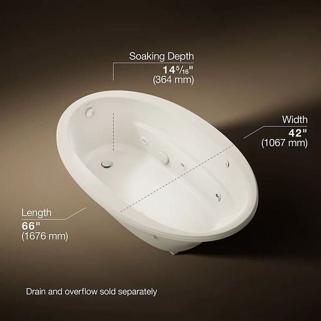 KOHLER® Sunward® Biscuit 66" x 42" Drop-in Whirlpool Bath with Bask® Heated Surface-2