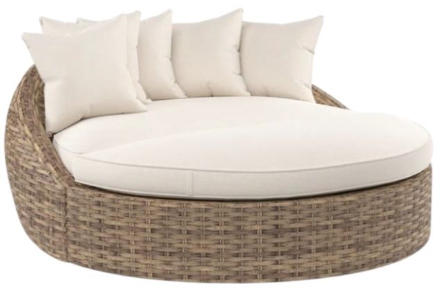 Sunset West Havana Aged Tobacco Resin Wicker Round Outdoor Daybed with Canvas Flax Cushion-0