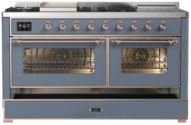 Ilve® Majestic III 60" Blue Gray Pro Style Dual Fuel Natural Gas Range with French Top and Copper Trim-2