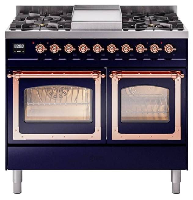 Ilve® Nostalgie II Noblesse 40'' Midnight Blue Liquid Propane Pro Style Dual Fuel Range with Copper Trim
