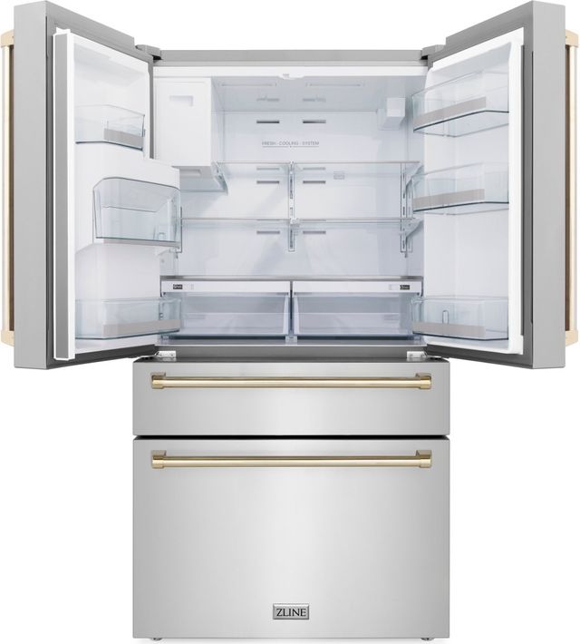 ZLINE Autograph Edition 36" 21.6 Cu. Ft. Fingerprint Resistant Stainless Steel Counter Depth French Door Refrigerator with Water/Ice Dispenser and Polished Gold Traditional Handles-2