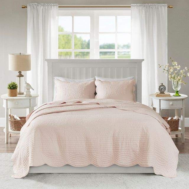 Olliix by Madison Park 3 Piece Blush Full/Queen Tuscany Reversible Scalloped Edge Coverlet Set-2