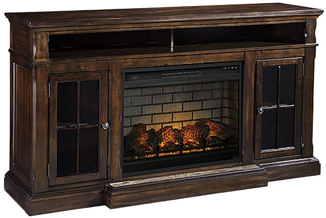 Signature Design by Ashley® Roddinton 74" Dark Brown TV Stand with Electric Fireplace