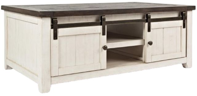 Jofran Inc. Madison County Barnwood Barn Door Cocktail Table with Vintage White Base-0
