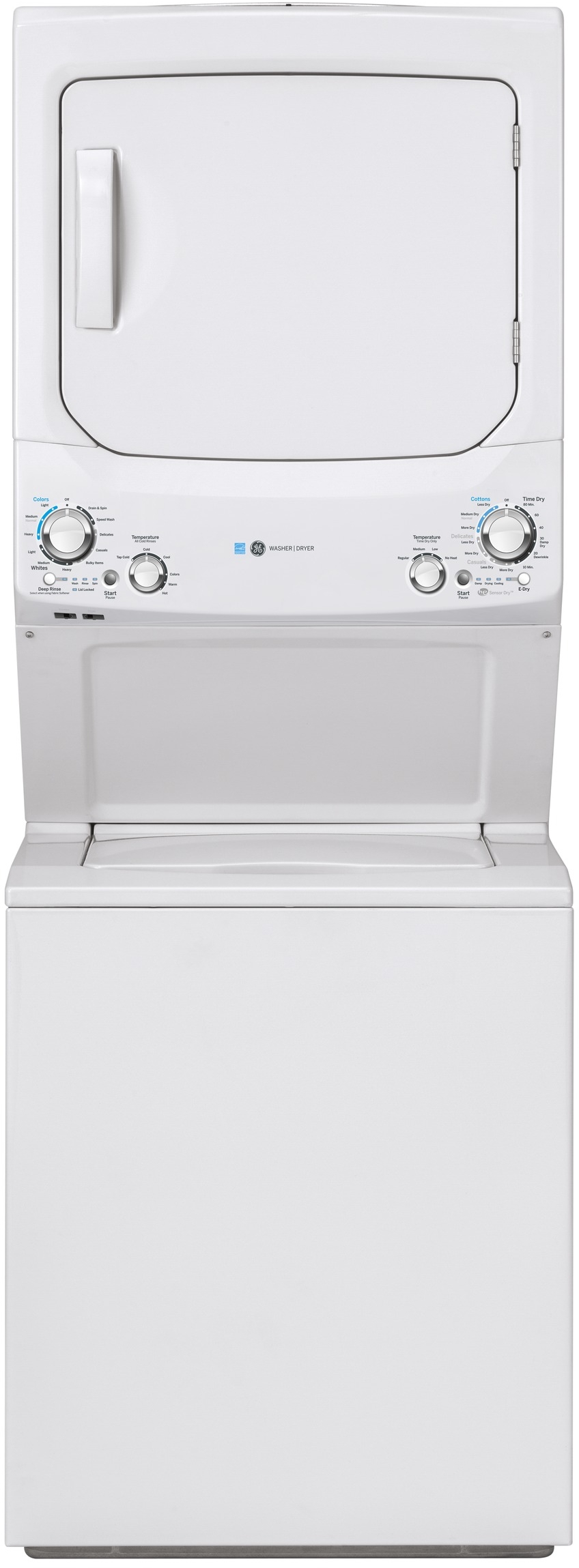 GE Unitized Spacemaker 3.9 Cu. Ft. Washer 5.9 Cu. Ft. Dryer White Stack Laundry