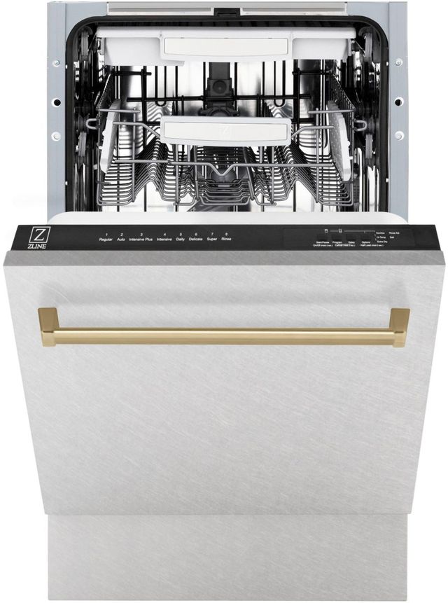 ZLINE Autograph Edition 18" Satin Stainless Steel Built In Dishwasher with Champagne Bronze Handle-1