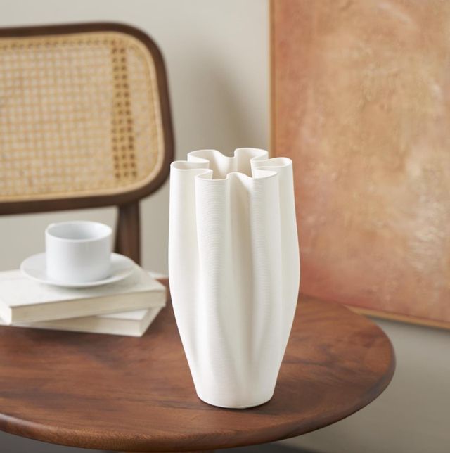 Deco Marche White Abstract Ribbed Dimensional Folded Vase-3