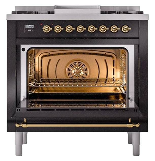 Ilve® Nostalgie II Noblesse 36'' Glossy Black Pro Style Dual Fuel Range with Brass Trim-2
