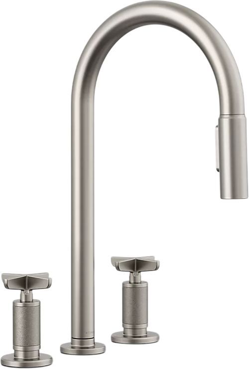 KOHLER® Billet® Vibrant Stainless Kitchen Sink Faucet with 2-Function Sprayhead and Cross Handles-0