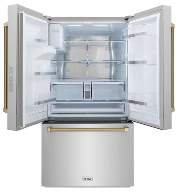 ZLINE Autograph Edition 36" 28.9 Cu. Ft. Stainless Steel Standard-Depth French Door Fingerprint-Resistant Refrigerator with External Water Dispenser and Dual Ice Maker in Champagne Bronze Helix Handles-3