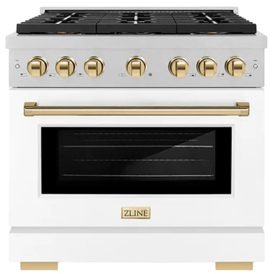 ZLINE Autograph Edition 36 in. 5.2 cu. ft. Paramount Gas Range with 6 Burner DuoPro™ Cooktop and Convection Gas Oven in Satin Stainless Steel with White Matte Door and Polished Gold Accents (PSGRSZ-WM-36-G)