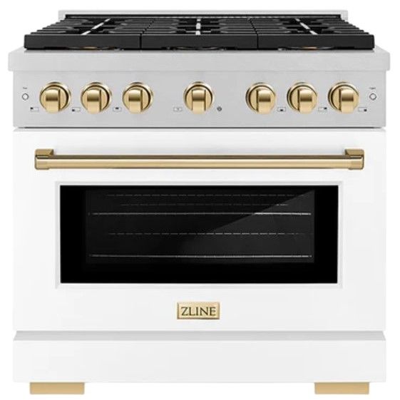 ZLINE Autograph Edition Paramount 36" 5.2 Cu. Ft. Satin Stainless Steel Gas Range with 6 Burner DuoPro™ Cooktop, Convection Gas Oven, White Matte Door and Polished Gold Accents-0