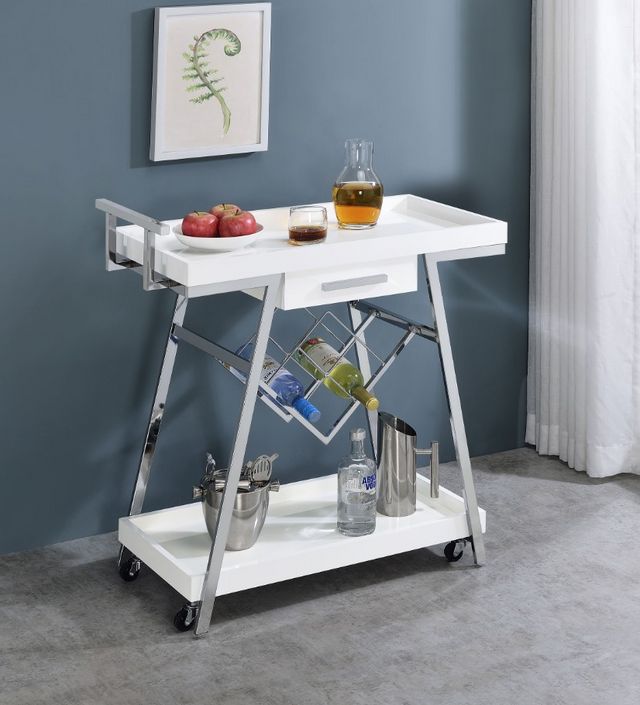 Coaster® Kinney White/Chrome 2-Tier Bar Cart with Storage Drawer-9