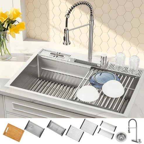 Forno Acqua MultiSINK Stainless Steel 10" Dual Mount 3-Level Workstation Sink with Waterfall Faucet and Glass Rinser-0