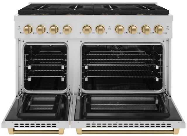 ZLINE Autograph Edition Paramount 48" 6.7 Cu. Ft. Stainless Steel Dual Fuel Range with 8 Burner DuoPro™ Cooktop and Dual Ovens with Champagne Bronze Helix Handles and Accents-1