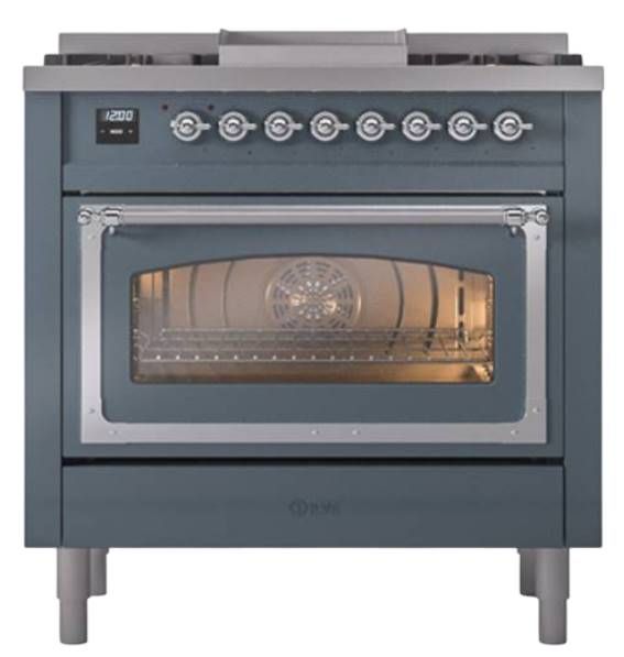 Ilve® Nostalgie II Noblesse 36'' Blue Gray Pro Style Dual Fuel Range with Chrome Trim-1