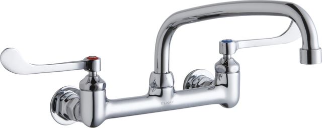 Elkay Chrome Foodservice 8" Centerset Wall Mount Faucet with Arc Tube Spout, Wristblade Handles and Offset Inlets-0