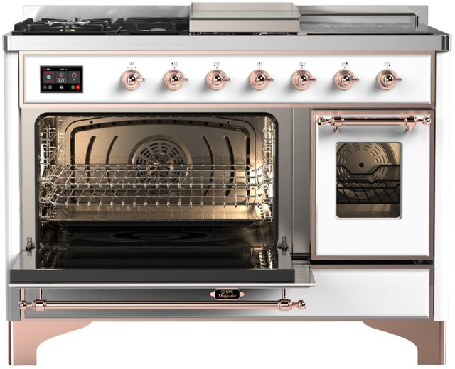 Ilve® Majestic III 48" White Pro Style Dual Fuel Natural Gas Range with 5 Black Brass Burners and Copper Trim-2
