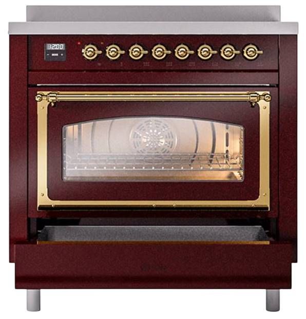 Ilve® Nostalgie II Noblesse 36'' Burgundy Pro Style Induction Range with Brass Trim-3