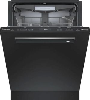 Front view of the slightly opened Bosch® 800 Series 24" Black Top Control Built In Dishwasher
