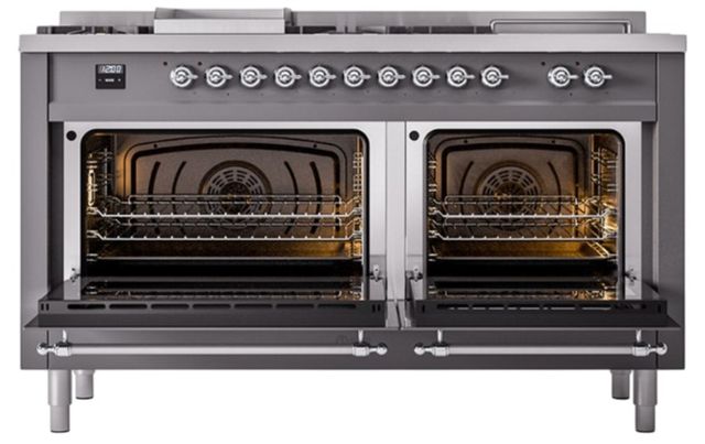 Ilve® Nostalgie II Noblesse 60'' Graphite Matte Pro Style Dual Fuel Range with Chrome Trim-2