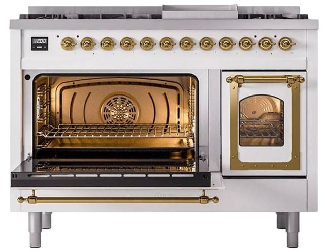 Ilve® Nostalgie II Noblesse 48'' White Pro Style Dual Fuel Range with Brass Trim-3