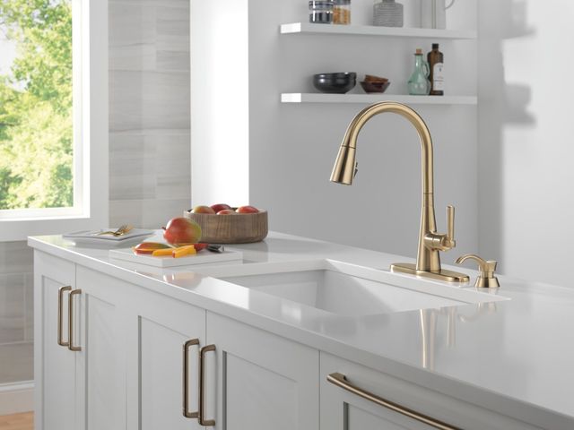Delta Boyd™ Champagne Bronze Single Handle Kitchen Faucet with Soap Dispenser and ShieldSpray Technology -1