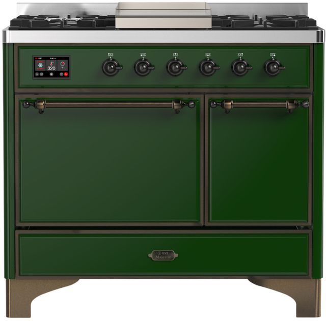 Ilve® Majestic III 40" Emerald Green Pro Style Dual Fuel Natural Gas Range with Solid Door and Burnished Trim-0