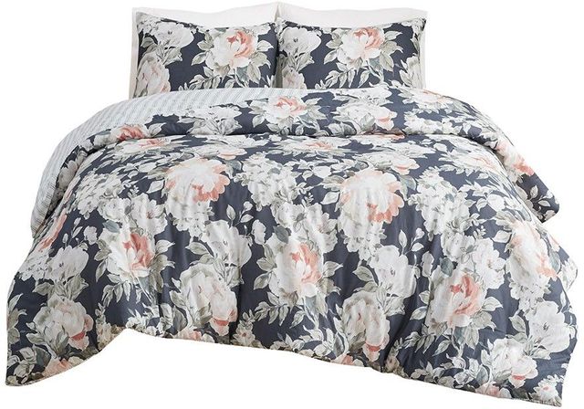 Olliix by Madison Park 3 Piece Dark Blue Full/Queen Mavis Cotton Printed Reversible Duvet Cover Set-0
