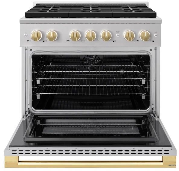 ZLINE Marino 36" Stainless Steel Pro Style Dual Fuel Range with 6-Burner DuoPro™ Cooktop and Electric Convection Oven and Polished Gold Accents-1