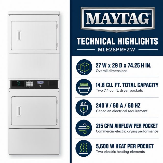 Maytag Commercial MLE26PRFZW Two-Pocket Card-Reader-Ready Electric Stacked Dryer, 14.8 Cu. Ft. Total Capacity, White-4