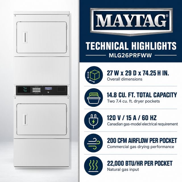 Maytag Commercial MLG26PRFWW Two-Pocket Card-Reader-Ready Gas Stacked Dryer, 14.8 Cu. Ft. Total Capacity, White-4